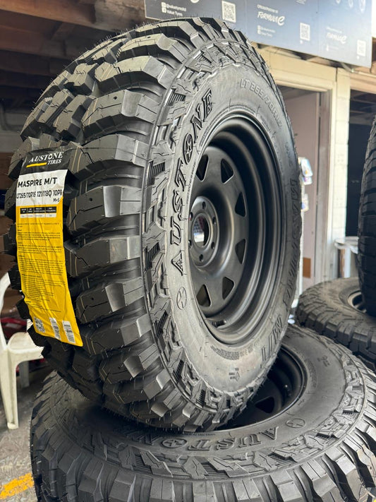 265/75R16 MUDDIES & 16x8 STEEL RIMS COMBO DEAL- NAVARA STUD PATTERN