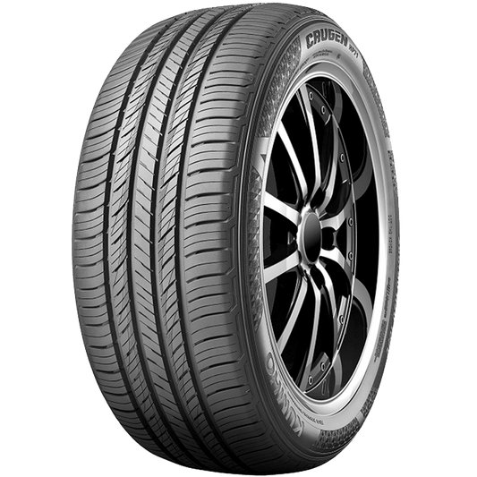 Car tire with visible tread pattern and brand name on a white background