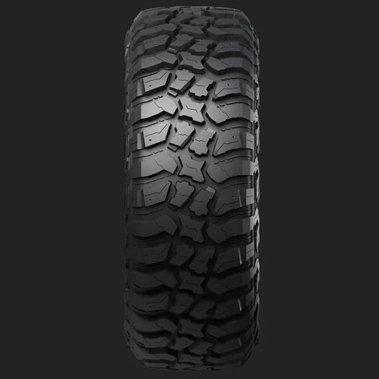 Tire with prominent tread pattern on a dark background