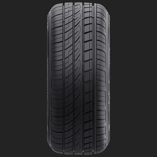 Black tire with tread pattern on a transparent background