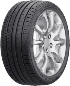 Car tire with silver alloy wheel on a white background