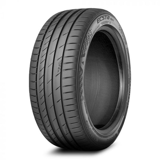 Car tire with 'ECSTA' branding on a white background