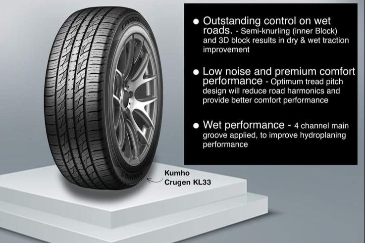Kumho Crugen KL33 tire on a stand with specifications displayed.