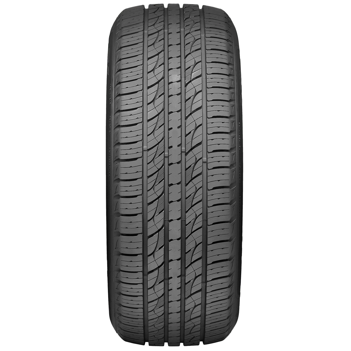Car tire with tread pattern on a white background