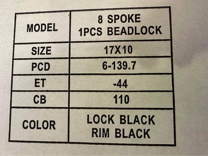 17X10 Imitation Bead lock Steel Rim 6x139.7 Gloss Black ET -44