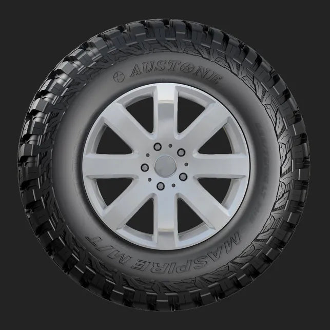 Car tire with alloy wheel on a black background