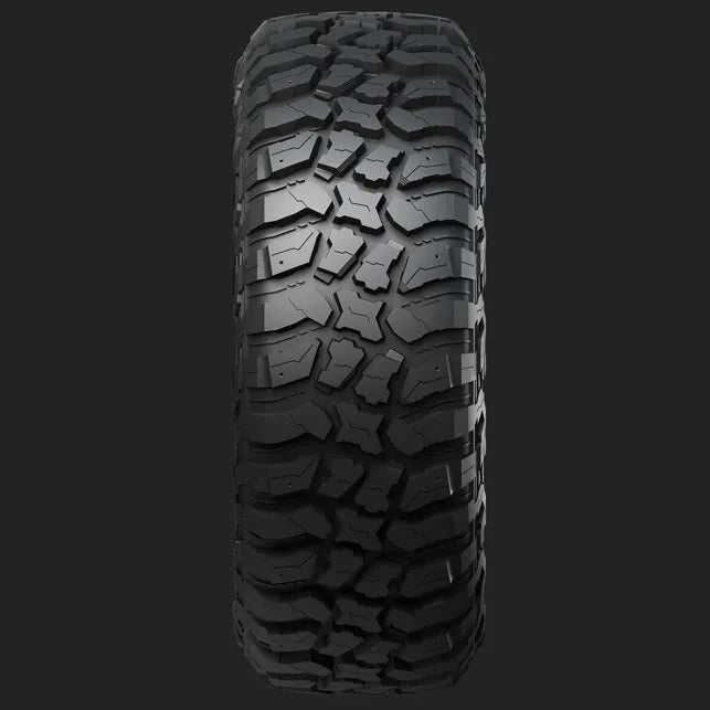 Tire with prominent tread pattern on a dark background