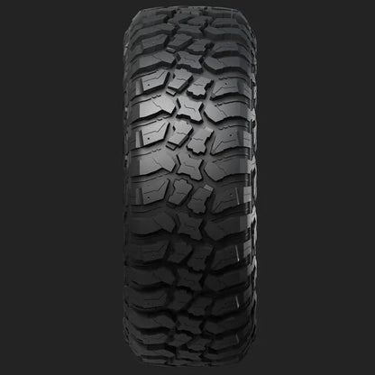 Tire with prominent tread pattern on a dark background