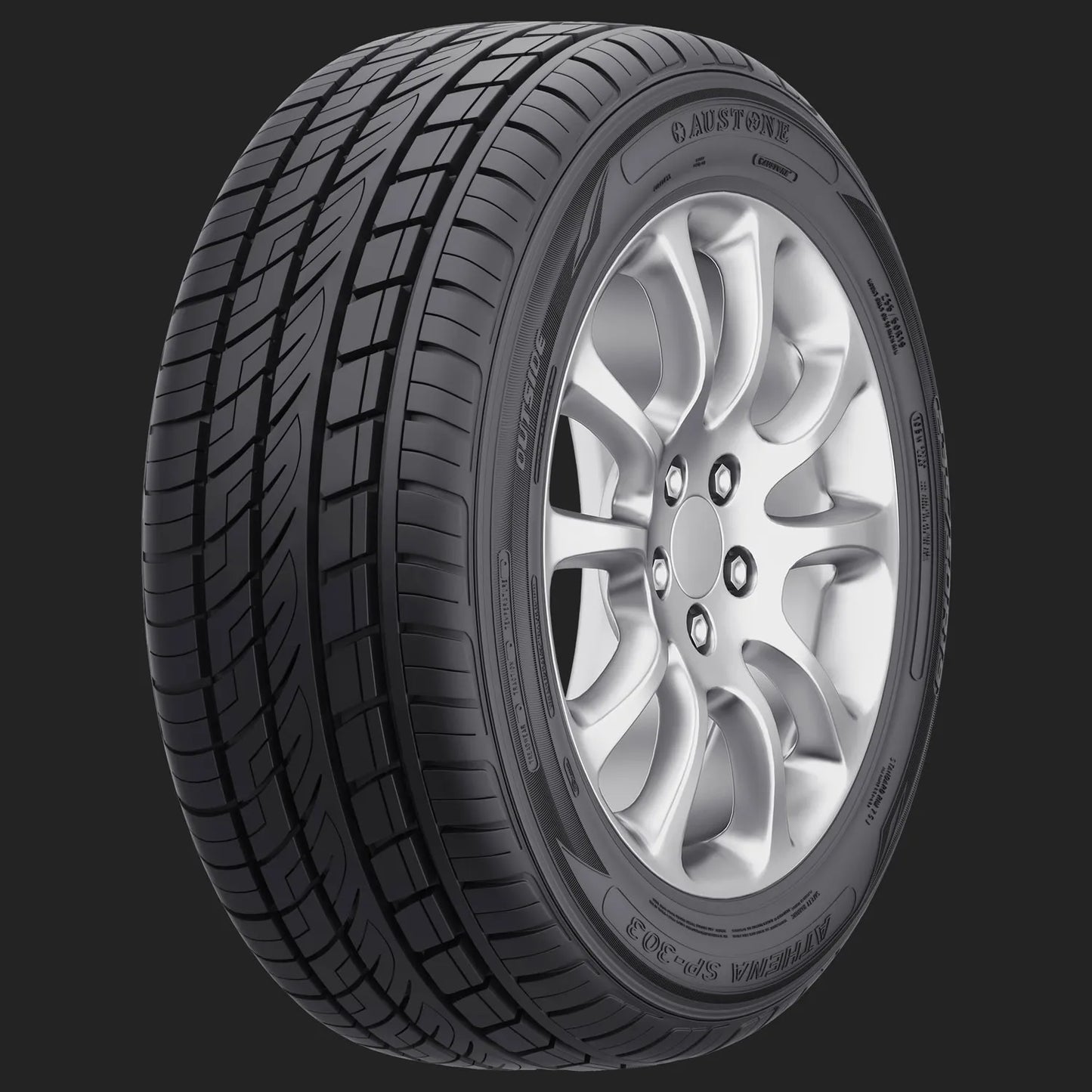 Car tire with silver alloy wheel on a black background