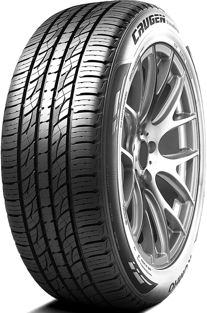 Car tire with visible tread pattern and rim on a white background