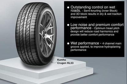 Kumho Crugen KL33 tire on a stand with specifications displayed.