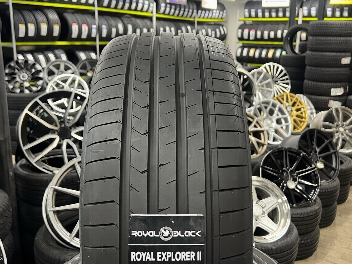 Tire with 'Royal Black' branding in a tire store setting
