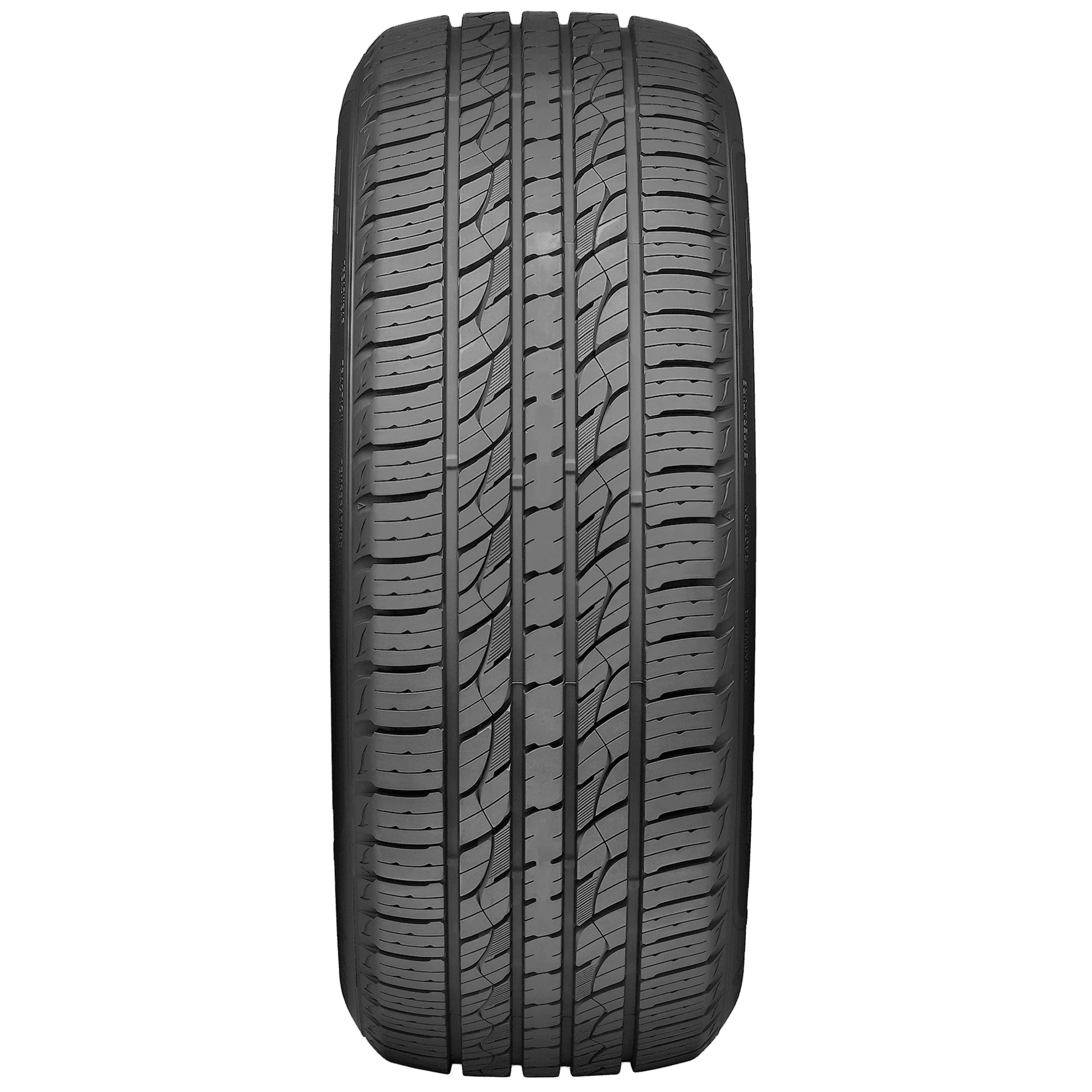 Car tire with tread pattern on a white background