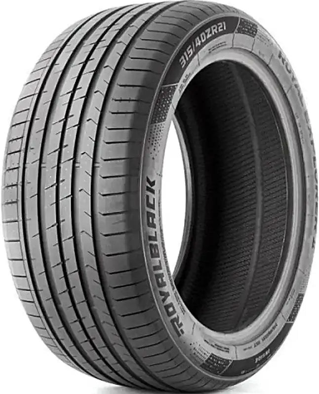 Car tire with 'Royal Black' branding on a white background